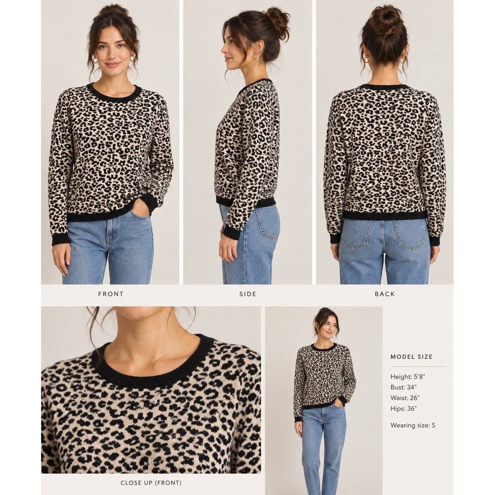 Ann Taylor Leopard Print Sweater Womens Small Ivory Black Animal Crewneck Knit